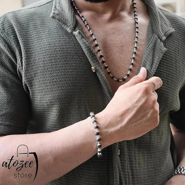 Silver Plated Karungali Mala + Karungali Bracelet Combo